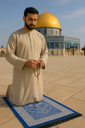 Islamic Prayer Rug with Olive Wood Misbaha – Portable Muslim Prayer Mat & 33 Beads Tasbih from The Holy Land – Ideal for Ramadan, Hajj, Umrah & Daily Salah