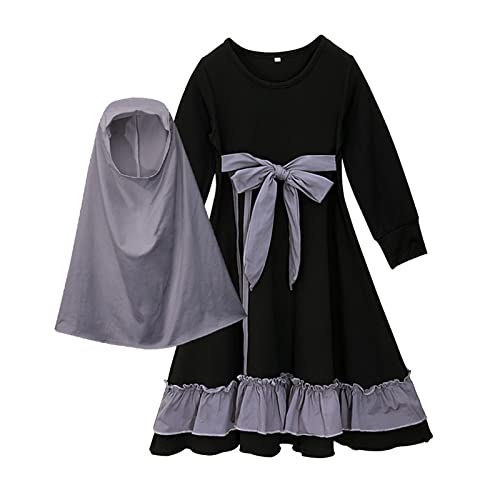 Toddler Girls Muslim Dress Islamic Prayer Abaya with Bow Hijab 2PC Set Modest Clothes Baby Arabic Long Skirt Eid Maxi Dress - color: A-black, size: 6-12 Months