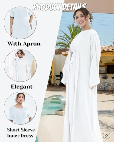 Abaya Muslim Prayer Dress Set Ramadan Open Front Islamic Clothing 3pcs Prayer Robe with Waist Apron Loose Flowy - color: White, size: X-Large