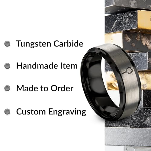 Tasbih Prayer Beads Ring - Gift for Muslim - Tungsten Carbide - Band - Black Yellow Gold Silver - Flat Dome Bevel - Men Women - Personalized Custom Engraving - 8mm - Anniversary Engagement Wedding - color: 08 - Black Grey Tungsten