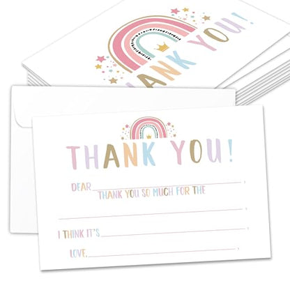 Kids Thank You Cards with Envelopes, Boho Rainbow Theme Fill in the Blank Thank You Notes for Kids, Toddler Stationery Set, Ideal for Birthday Party, Graduation & School Gag Gifts - B07 - color: Boho Rainbow Style