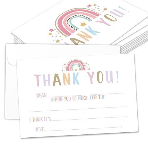 Kids Thank You Cards with Envelopes, Boho Rainbow Theme Fill in the Blank Thank You Notes for Kids, Toddler Stationery Set, Ideal for Birthday Party, Graduation & School Gag Gifts - B07 - color: Boho Rainbow Style