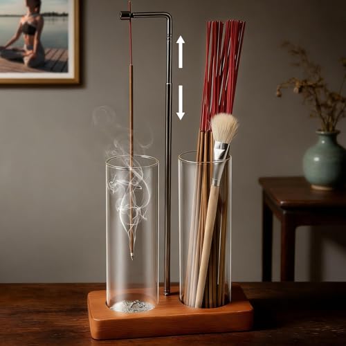 Incense Holder for Sticks, 2 in 1 Incense Sticks Burner with Glass Ash Catcher & Storage, Upside Down Incense Holder with Brush, Anti-Ash for Yoga Meditation Spa Outdoor Patio(Extends 8.7"-13.4") - color: Brown-2 Glass