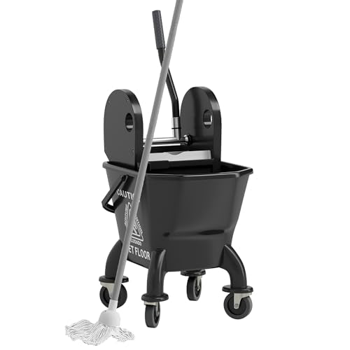 HOMCOM Mop Bucket with Wringer on Wheels, 27.5 Quart, with Mop, Black | Down Press Wringer, Handle and Mop, Floor Cleaning - color: Black, size: 27.5 Quart
