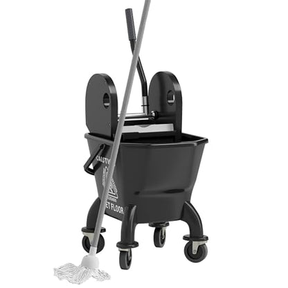 HOMCOM Mop Bucket with Wringer on Wheels, 27.5 Quart, with Mop, Black | Down Press Wringer, Handle and Mop, Floor Cleaning - color: Black, size: 27.5 Quart
