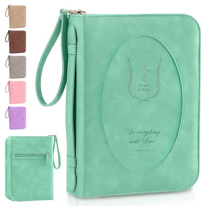 Leather Bible Cover for Women, Zippered Floral Case with Handle, Green | Bible Study, Church, Journaling & Travel - color: Sage Green