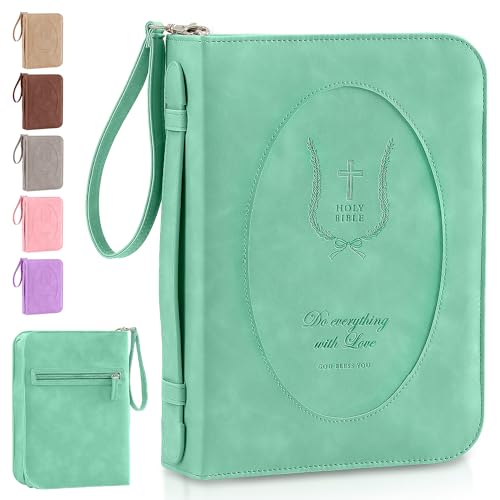 Leather Bible Cover for Women, Zippered Floral Case with Handle, Green | Bible Study, Church, Journaling & Travel - color: Sage Green