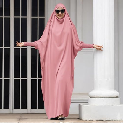 IDOPIP Muslim Abaya for Women One Piece Long Sleeve Islamic Prayer Dress with Hooded Hijab Maxi Kaftan Robe Modest Clothes - color: Pink