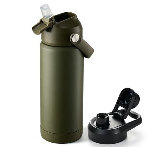 Fijinhom 18 oz Insulated Water Bottle with 2 Lids, Stainless Steel Water Bottles, Double Wall Vacuum, Portable Handle & Non-slip Bottom, BPA Free Leak Proof Metal Bottles, Keep Cold 24H, Green - color: Army Green, size: 18 Ounces