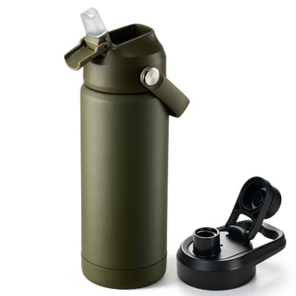 Fijinhom 18 oz Insulated Water Bottle with 2 Lids, Stainless Steel Water Bottles, Double Wall Vacuum, Portable Handle & Non-slip Bottom, BPA Free Leak Proof Metal Bottles, Keep Cold 24H, Green - color: Army Green, size: 18 Ounces