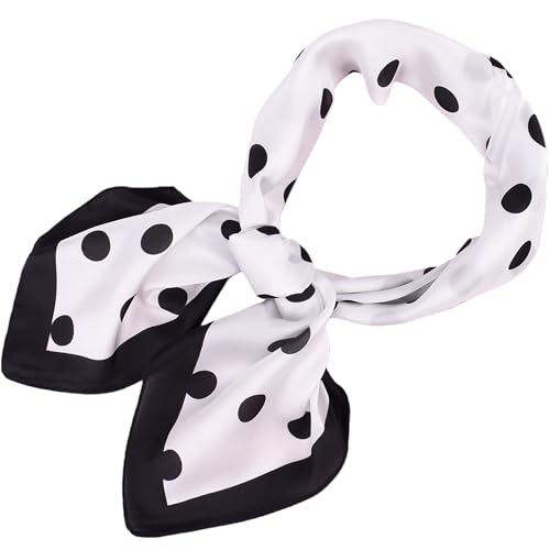 Head Scarf for Women Like Silk Satin Hair Scarves Polka Dot Printed Square Neck Handbags Scarf Bandanas 27.5 Inches - color: White