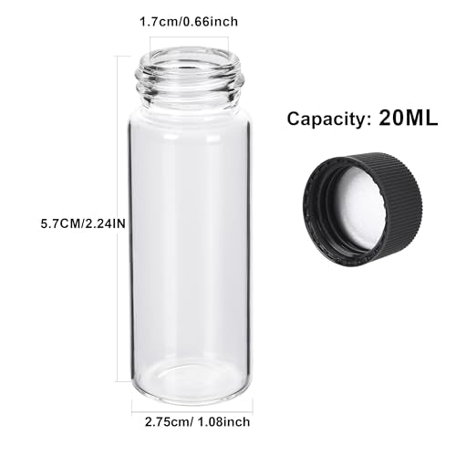 ESHATO 100 Pack 20ML Glass Sample Vial, Liquid Sampling Small Glass Bottle with Black Plastic Screw Caps,Leakproof,Light Weight and Corrosion Resistance(Clear)