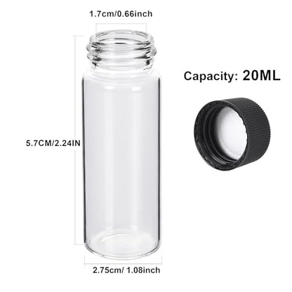 ESHATO 100 Pack 20ML Glass Sample Vial, Liquid Sampling Small Glass Bottle with Black Plastic Screw Caps,Leakproof,Light Weight and Corrosion Resistance(Clear)