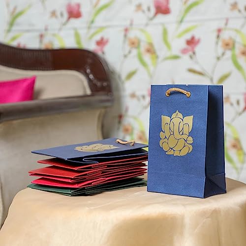 Desi Favors Small Ganesh Paper Bags - Indian Gifts, Party Favor, Goodie, Small Paper Bags for Diwali, Pooja, Housewarming, Wedding Return Gifts - 5.9x5.11x2.75 Inch (Pack of 8) - style: Ganesh Paper Bags - Small