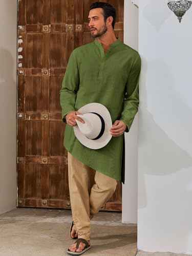 Runcati Mens Kaftan Robe Thobe Cotton Long Sleeve Henley Shirt Casual Muslim Gown Kurta Tops - color: Army Green, size: Large
