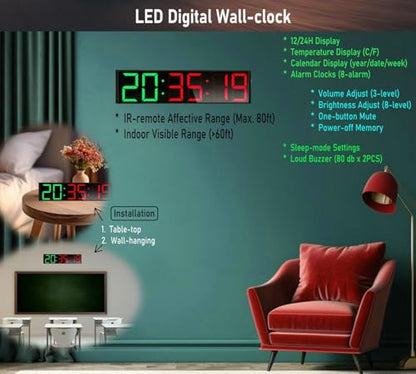 26'' Huge Home Gym Interval Workout Timer Clock, Digital Wall Clock with Seconds Countdown/up, Stopwatch, 8-Alarms, 7-Color Night Light for Tabata/HIIT/MIIT/EMOM/FGB/Boxing (Green-Red)