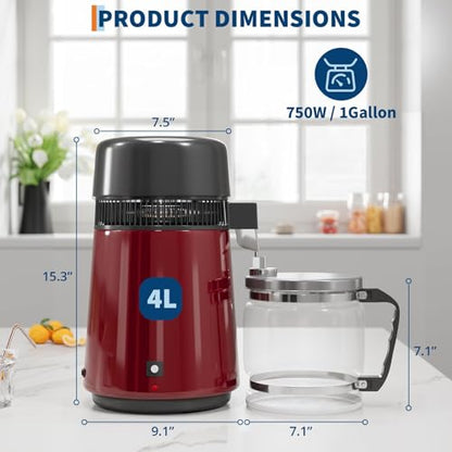 4L Countertop Stainless Steel Distilled Water Purifier, Distilled Water Making Machine with Glass Container, Ideal for Household, Workplace, Lab, and Aquarium Usage-Red - color: Red