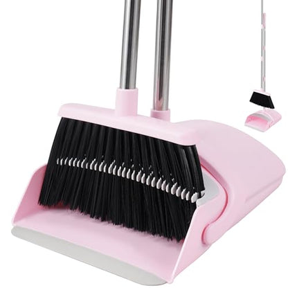 BSKLIN Broom and Dustpan Set for Home, 52” Long Handle Broom with Dustpan Combo Set with Dust Pan Teeth to Clean Hair Sweeping Set for Kitchen Hardwood Floors Pet Hair (Pink) - size: pink