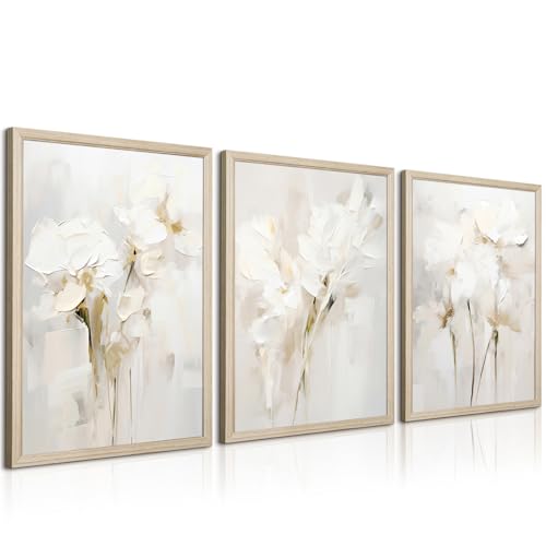 Neutral Wall Art Abstract Floral Canvas Pictures Beige Flower Wall Decor Modern Painting Minimalist Poster Abstract Botanical Prints White Artwork for Bedroom Living Room 12x16x3 Inch Wood Framed - color: Beige Flowers Prints, size: 12"x16" Framed