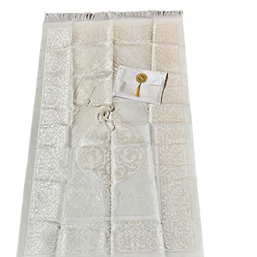 Eid Islamic Prayer Mat - Turkish Prayer Rug with Pouch & Ornament Sealing, Portable Travel Carpet (44"x26", Free Tasbeeh) White - color: White