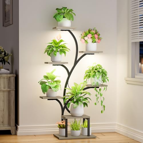 BACEKOLL Plant Stand Indoor with Grow Light, 7 Tier 49" Lighted Plant Shelf | Tree-Shaped Tall Holder with Full Spectrum Light for Indoor Growing, Sturdy Metal Rack for Home Corner, Space-Saving, Grey