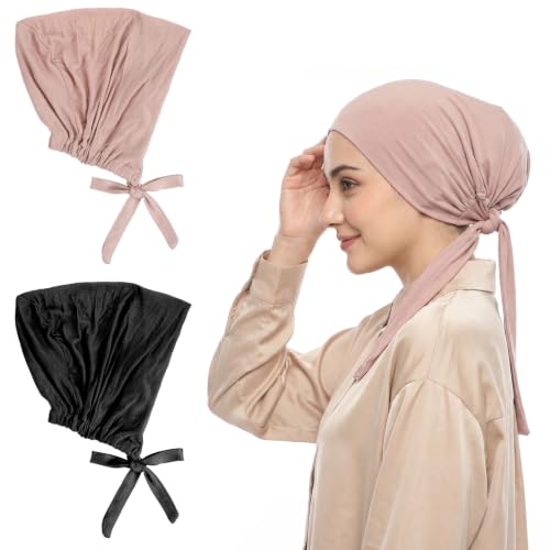 2 Pcs Hijab Undercap, Under Hijab Caps for Women No Slip Hijabs with Tie Undercaps Black