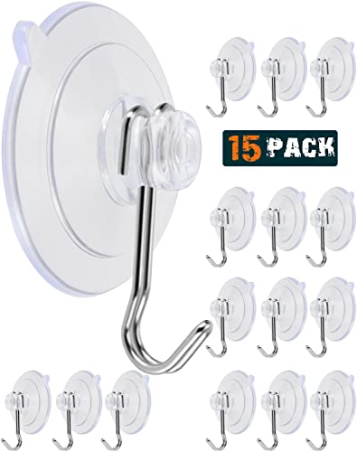 Suction Cup Hooks 15Pack Reusable Stainless Steel Hooks | 1.78 Inches Clear PVC Medium Suction Cup No Trace, & Removable, for Glass, Tile, Window, Kitchen, Bathroom - size: Iron hook B-15Pack