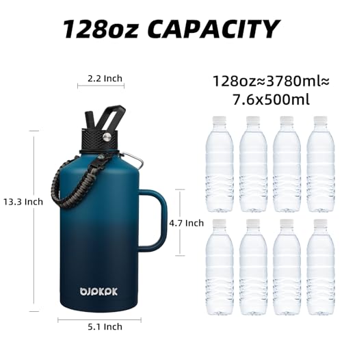 BJPKPK 128oz Insulated Water Bottle with Straw Lid, 1 Gallon Water Jug | Large Stainless Steel Vacuum Insulated Water Jug with 3 Lids, Side Handle & Paracord Strap, BPA-Free Leak-Proof Bottle - color: Vast, style: 128oz-Side Handle