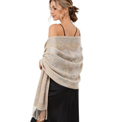 Paisley Pashmina Rave Shawl Scarf-Women's Reversible Ethnic Jacquard Pashmina Wraps for Travel - color: A#. White Blue