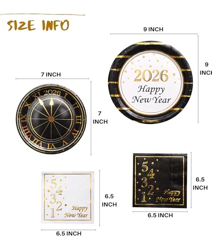 2026 New Year Plates and Napkins Party Supplies - Serves 25 - Happy New Year Eve 9 Inch and 7 Inch Plates, Napkins NY Party Decorations Favors