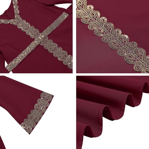 OBEEII Girls Muslim Abaya Ramadan Long Bell Sleeve V Neck Sequins Church Prayer Dress with Belt Islamic Eid Robe Kaftan - color: Wine Red-sequins, size: 6-7 Years