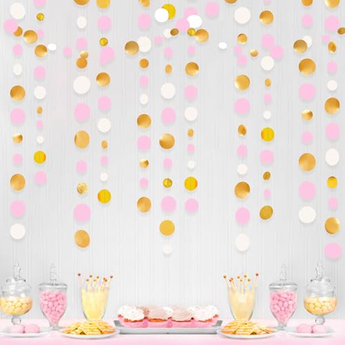 Gold and Pink Party Decorations Circle Dots Garland Metallic Gold Light Pink and White Hanging Polka Dot Streamer for Women Girl Birthday Bridal Shower Wedding Princess Party Supplies - color: Gold White Pink
