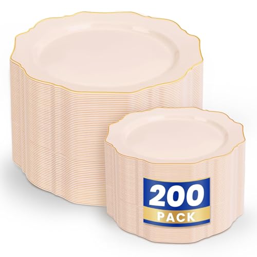 WDF 200PCS Pink Plastic Plates - Pink and Gold Plastic Plates - Include 100 Dinner Plate and 100 Cake Plate for Wedding/Bridal Shower/Tea party - color: Pink, size: 200