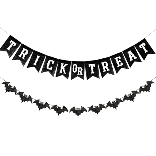 Black Trick or Treat Burlap Banner with Glitter Bat Garland - color: Halloween