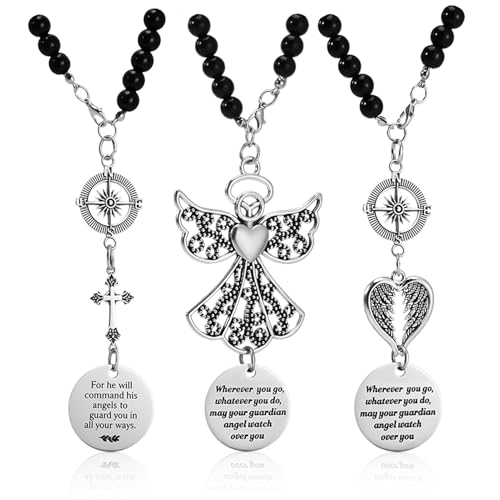 3 Pack Guardian Angel Rearview Mirror Charm, Angel Wings Cross Car Charm Pendant Guardian Angel Hanging Ornament Rear View Mirror Hanger Decor Christian Religious Gifts