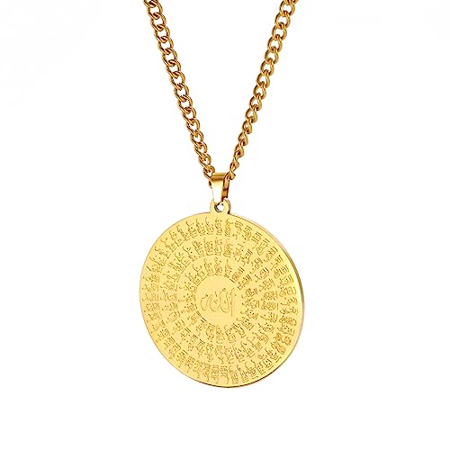 Ayatul Kursi Necklace Allah Necklace for Women Men Islamic Script Symbols Allah Arabic Round Pendant Necklace Middle East Allah Islam Religious Jewelry Muslim Gift - color: Allah 2 gold