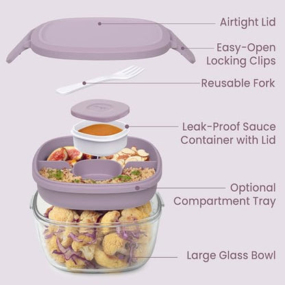 Bentgo Glass Salad Container - 7.6-Cup Salad Bowl with Airtight Lid, Leak-Proof Sauce Container, 4-Compartment Bento Tray & Reusable Fork - BPA-Free for Meal Prep, Office & More (Lavender) - color: Lavender