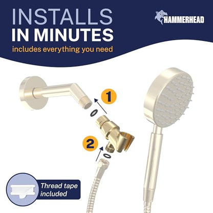 HammerHead Showers® Solid Metal Handheld Shower Head Holder - Polished Brass - Adjustable Shower Wand Holder with Universal Wall Hook Bracket and Brass Pivot Ball - Hand Held Shower Head Holder - color: Polished Brass