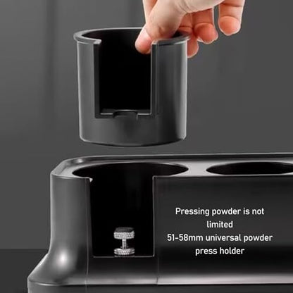 Aramox Coffee Tampering Station, ABS Material, Non Slip Silicone Mat, 51mm 53mm 58mm, Durable, with Small Accessories Storage Tank, for Desktop Protection (Black)