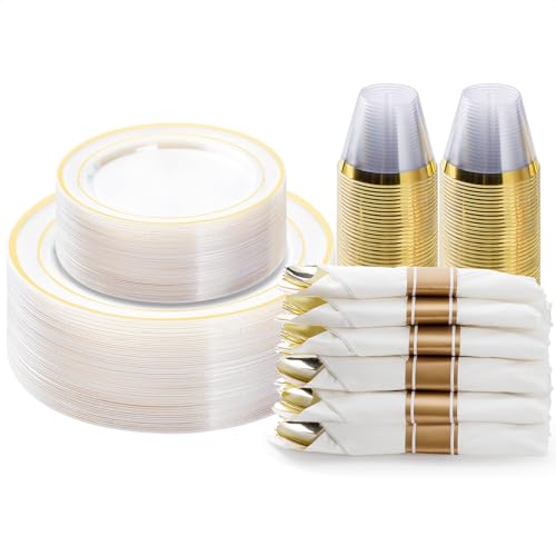 BESTVIP 175PCS Clear Gold Plastic Dinnerware Set, Disposable Party Plates for 25 Guests, Include: 50 Plastic Plates, 25 Pre Rolled Napkins with Silverware, 25 Cups for Christmas, Halloween - color: Clear & Gold, size: 25 Guests
