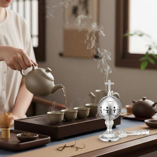 Zonon 1 Set Incense Burner with Tong, Frankincense Charcoal Incense Stand Holder, Ideal for Yoga, Spa, Aromatherapy, Home and Christian Church Censer (Silver,Retro) - color: Silver, size: Retro