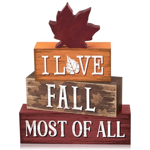 Yousoontic 4 Pcs Fall Maple Leaf Wooden Table Decorations Autumn Rustic Block Signs Centerpiece Tiered Tray Decor Wood Farmhouse Vintage Tabletop Decor Gift for Kitchen Entryway Home Desk - style: Autumn Maple Leaf