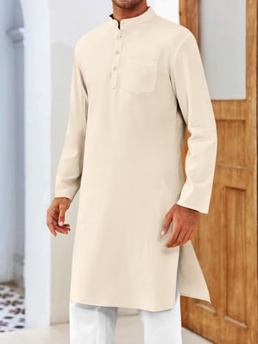 Gafeng Mens Kaftan Robe Button Down Long Sleeve Henley Cotton Thobe Casual Side Split Gown Shirt - color: Beige, size: X-Large