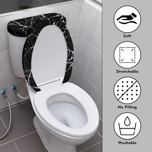 Black Marble Design Toilet Lid Dust Cover & Toilet Tank Lid Cover for Bathroom Machine Washable Anti-dust with Elastic Edge - color: Black Marble Design