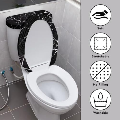 Black Marble Design Toilet Lid Dust Cover & Toilet Tank Lid Cover for Bathroom Machine Washable Anti-dust with Elastic Edge - color: Black Marble Design