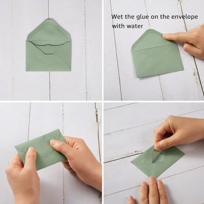 100 Pack Mini Envelopes with Blank Note Cards, Sage-Green | 4 x 2.7 Inches, Self-Adhesive, Small Business Card Size - color: Sage-Green