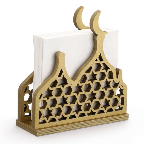 Namalu Eid Gold Napkin Holder for Tables Classical for Islamic Ramadan Holiday Napkin Holder Wooden Ramadan Kareem Tissue Dispenser Mubarak Wood Tissue Dispenser for Storage - color: Gold, style: Eid Mubarak