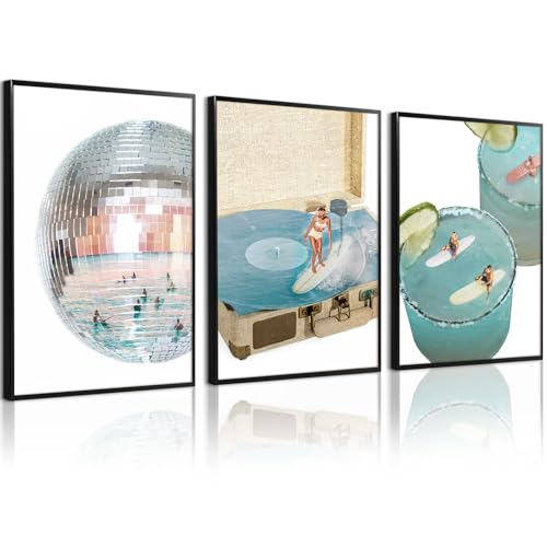 Blue Coastal Groove Wall Art Retro Disco Beach Canvas Poster Summer Surf Wall Decor Trendy Coastal Pictures Ocean Painting Preppy Aesthetic Prints Funky Artwork for Girls Bedroom 12x16 Inch Unframed - color: Coastal Beach Prints, size: 12"x16" Unframed