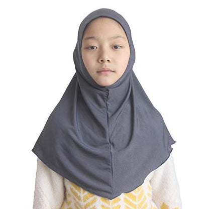 Girls Hijab Muslim Scarf for Kids – Ready to Wear, Solid Color, Soft & Breathable Daily Headwear for Ages 6-11 - color: Gray