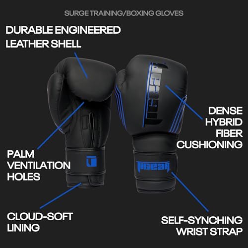 Tigear Surge Pro Boxing Gloves for Men Women & Kids | Engineered Leather Muay Thai Gloves, MMA Gear, Kickboxing Heavy Bag Training and Sparring - color: Black/Blue, size: 16 oz